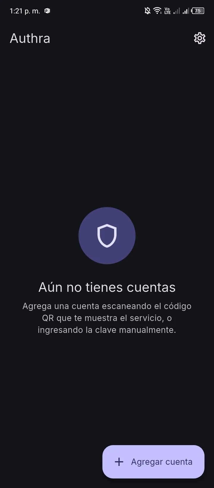 Pantalla inicial de Authra sin cuentas