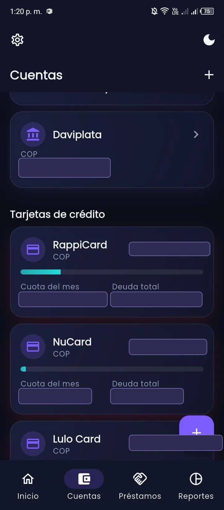 Cuentas y tarjetas de crédito en FinaControl